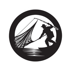 fisherman casting net vector silhouette clip art logo design illustraiton.