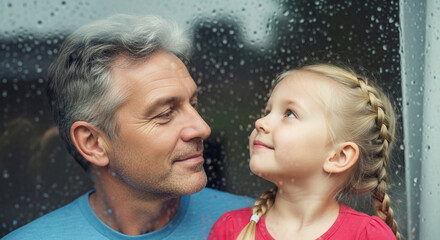 Father and daughter looking at raindrops on a window with a loving and tender expression