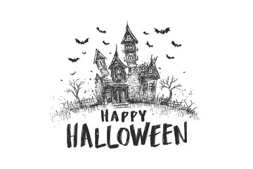 Fototapeta premium Creepy haunted house with bats and happy halloween text spooky atmosphere line art transparent background