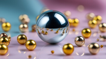 Macro shot of a shiny silver ball reflecting its pastel surroundings, smaller gold balls scattered around.