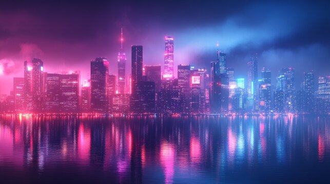 A futuristic cityscape with neon lights and reflections in the water creates an atmosphere of a technological future, suitable for presentations about modern megacities or innovations.