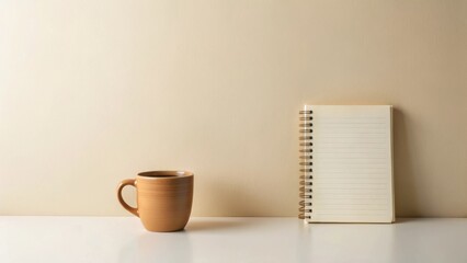 A simple workspace featuring a beige mug and a spiral-bound notebook on a minimalist white surface against a muted background, ready for your inspirational message.