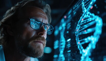 Focused man examining a glowing, digital world map on a large screen