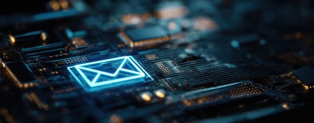 The glowing email icon on a futuristic circuit board background.