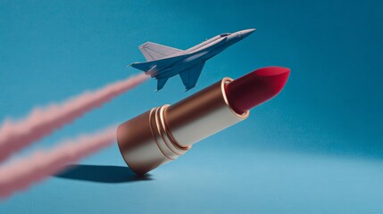 The uncapped lipstick tube with extended bullet or missile conveys a feeling of "weaponizing" beauty, strength, speed, achieving goals with intensity, or combining "hard" and "soft" power.