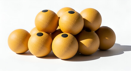 A pile of abstract round orange forms with black circular indentations on top under bright lighting