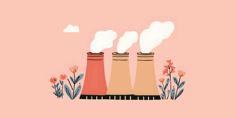 An illustrated graphic showcasing stylized factory chimneys, with plumes of smoke rising against a soft, muted background, flanked by decorative flowers, suggesting an environment-focused concept.