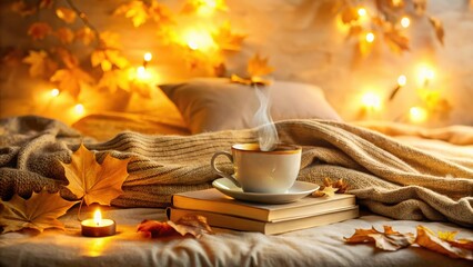 Cozy Autumn Evening Relaxation Warm Drink, Books, and Soft Knit Blanket on a Bed with Fall Leaves and Fairy Lights