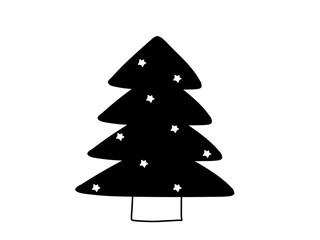 星の飾りがついた黒いシルエットのクリスマスツリーのイラスト｜クリスマス,ツリー,星,シルエット,冬,飾り,モノクロ,デザイン