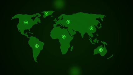 World map with glowing green markers indicating global locations. World map with green markers highlighting continents and countries in digital network system. World connectivity map icon.