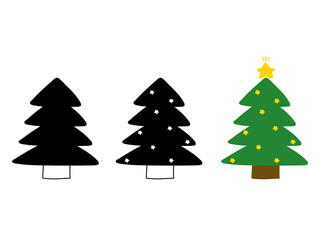 Fototapeta premium シルエット、星飾り付き、カラー装飾付きの3種類のクリスマスツリーが並んだイラストセット｜クリスマス,ツリー,星,シルエット,冬,デコレーション
