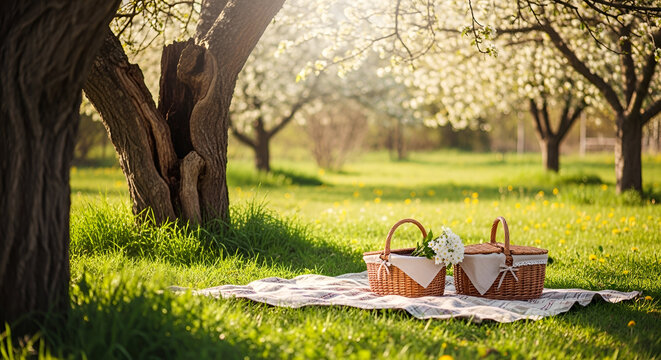 Blossom-kissed moments: A serene picnic beneath the blooming orchard trees backdrop
