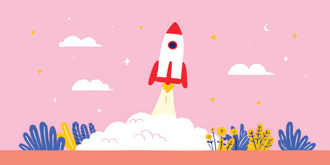 A vibrant illustration of a rocket launching, set against a soft pink background. The rocket is taking off, leaving a trail of smoke and flames, set amidst whimsical clouds and stylized stars. 