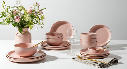 Elegant table setting with pale pink dinnerware and floral arrangement for sophisticated dining