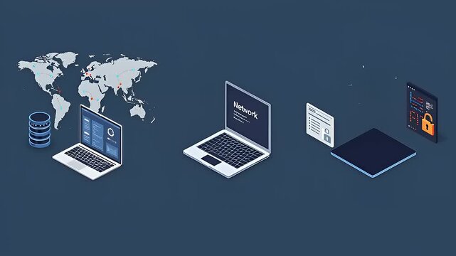 Illustration of network security concepts featuring a global map, devices, and encryption layers