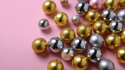 Overhead shot of metallic gold and silver balls randomly scattered on a soft pastel pink background, clean margin at top.