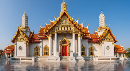 Fototapeta premium Majestic Marble Temple in Bangkok Thailand displaying intricate architectural details and cultural