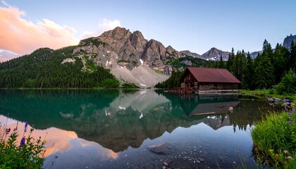 Fototapeta premium Mountain lake cabin reflection at dawn