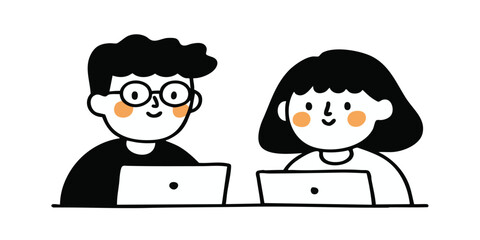 Two creative individuals collaborate, their eyes fixed on laptop screens, sharing a moment of focused teamwork and innovative synergy.