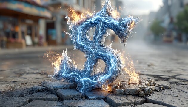 Plasma-blue neon symbols pulsing over dusty concrete slab background