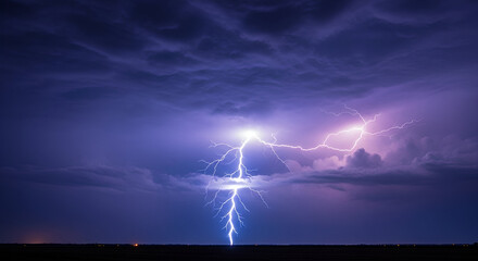 Spectacular atmospheric lightning strike across the darkened land powerful display