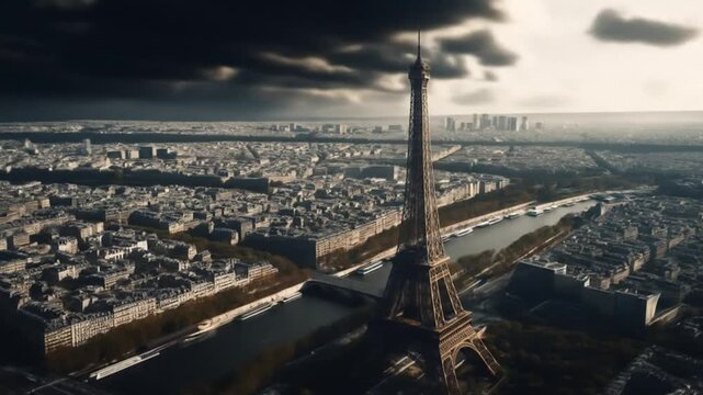 Majestic Eiffel Tower Over Paris: Aerial View Under Dramatic Skies
