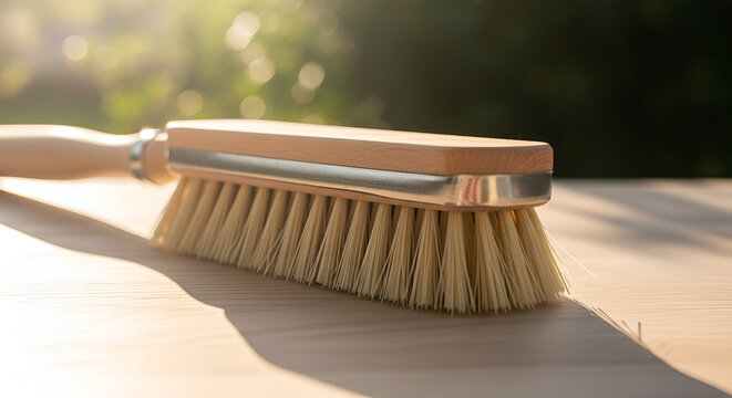 Wooden brush with natural bristles resting on a textured surface in warm sunlight