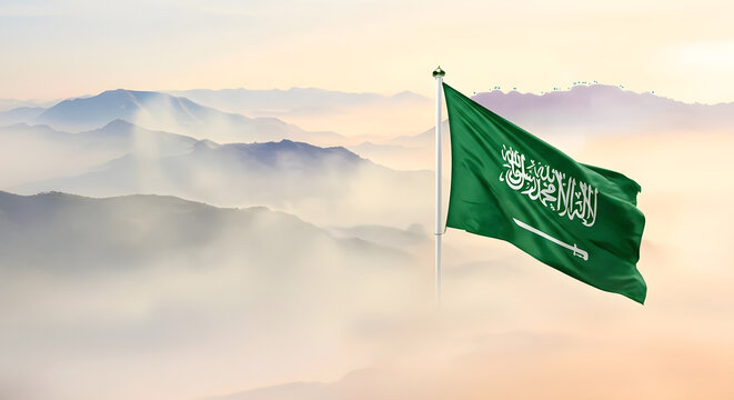 Saudi Arabia National Pride A Waving Flag Over Misty Mountains Symbolizing Country Rich History and Optimistic Future celebrate Saudi Arabian National Day Independence Day 