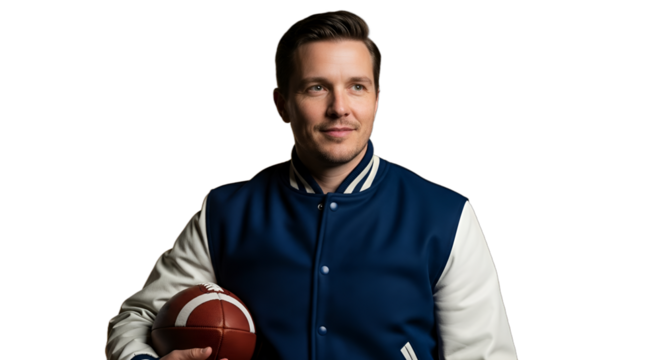 Confident young man holding an American football, wearing a stylish blue varsity jacket, ideal for sports event promotions, game day content, school spirit campaigns,