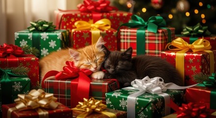 Obraz premium Two Adorable Kittens Sleep Peacefully Among Christmas Presents