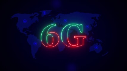 Neon 6G text over a world map with glowing nodes. 5G technology world map with neon glowing nodes showing global connectivity and digital network innovation. - Powered by Adobe