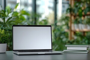 Fototapeta premium Sleek laptop on desk with plants & books — minimalist, professional workspace for remote work, tech lifestyle, and productivity-focused branding visuals.