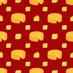 Seamless square pattern with cheese. Hand drawn texture in flat style with cheese pieces on changeable red background. Background for printing wrapping paper, covers, textile, fabric.