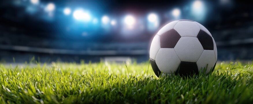 The soccer ball resting on vibrant grass in a stadium setting