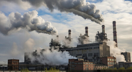 Fototapeta premium Industrial smokestacks billow thick smoke into the sky, representing air pollution from a large factory complex.