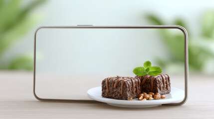 Food delivery online order, Chocolate dessert food delivery online order concept with smartphone showing sweet cake on plate