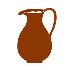 Large clay jug of milk. Hand drawn clip art in flat style. Isolated on white. Cozy rustic drinkware. Natural and eco-friendly farm milk dishware.