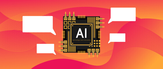 Artificial intelligence chip concept. Horizontal technological background with imitation of computer communication. Technology development. Orange back with lines. Hand drawn back in flat style