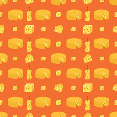 Seamless square pattern with cheese. Hand drawn texture in flat style with cheese pieces on changeable orange background. Background for printing wrapping paper, covers, textile, fabric.