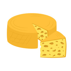Big round cheese with cut out piece. Large puck of cheese with holes in wax treatment. Maasdam. Isolated on white background. Hand drawn vector cheese in flat style.