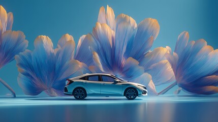 A sleek silver car is positioned in front of a stunning backdrop for automotive advertising, marketing campaigns, and promotional materials.