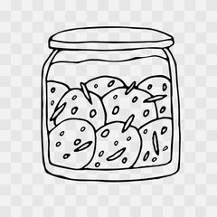 Glass jar with cheese in vegetable oil and spices. Pickled cheese with holes. Natural farm cheese delicacy. Hand drawn clip art in outline doodle style. Isolated on transparent back. Dairy products.