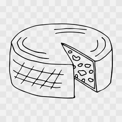Big round cheese without cut out piece. Large puck of cheese with holes in wax treatment. Maasdam. Isolated on transparent background. Hand drawn vector cheese in outline doodle style.
