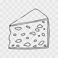 Cut piece of cheese with holes. Maasdam. Waxed cheese. Cheese texture. Hand drawn clip art in outline doodle style. Isolated on transparent background. Natural dairy product.