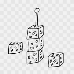 Cheese canape on red skewer with cheese cubes. Cheese with holes, maasdam. Buffet serving. Dessert cheese. Hand drawn clip art in outline doodle style. Isolated on transparent back. Simple draw