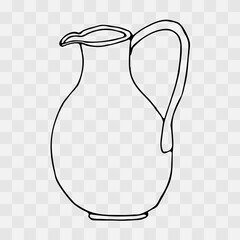 Large empty clay jug. Hand drawn clip art in outline doodle style. Isolated on transparent back. Cozy rustic drinkware. Natural and eco-friendly farm milk, water dishware.