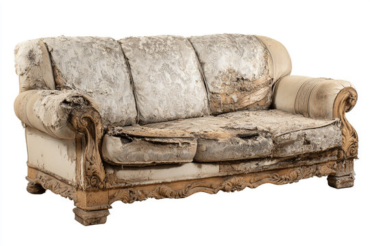 Severely damaged antique sofa showing extensive wear and tear exposed wood frame and tattered upholstery