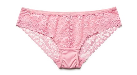 Pink lace panties on a white backdrop showing the frilly details