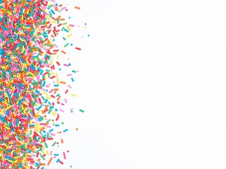 Fototapeta premium Colorful rainbow sprinkles scattered on a white background, forming a vibrant border.