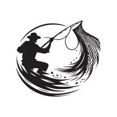 fisherman casting net vector silhouette clip art logo design illustraiton.